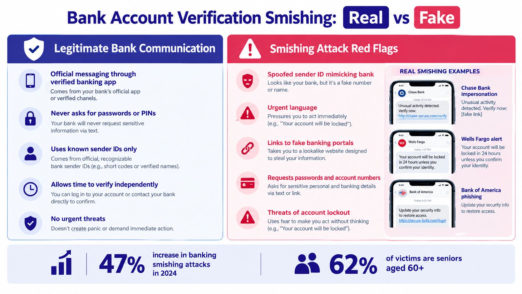An infographic comparing legitimate bank text communications with red flags of smishing phishing attacks and examples.