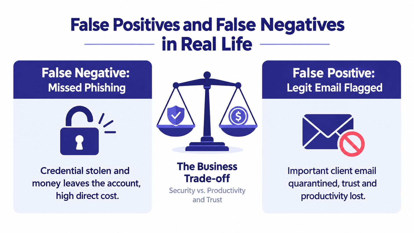 A diagram comparing false negatives and false positives in phishing email detection and business security trade-offs.