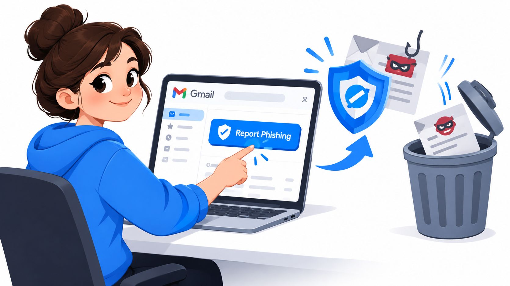 A woman using a laptop to report a phishing email in Gmail, securing her account against threats.