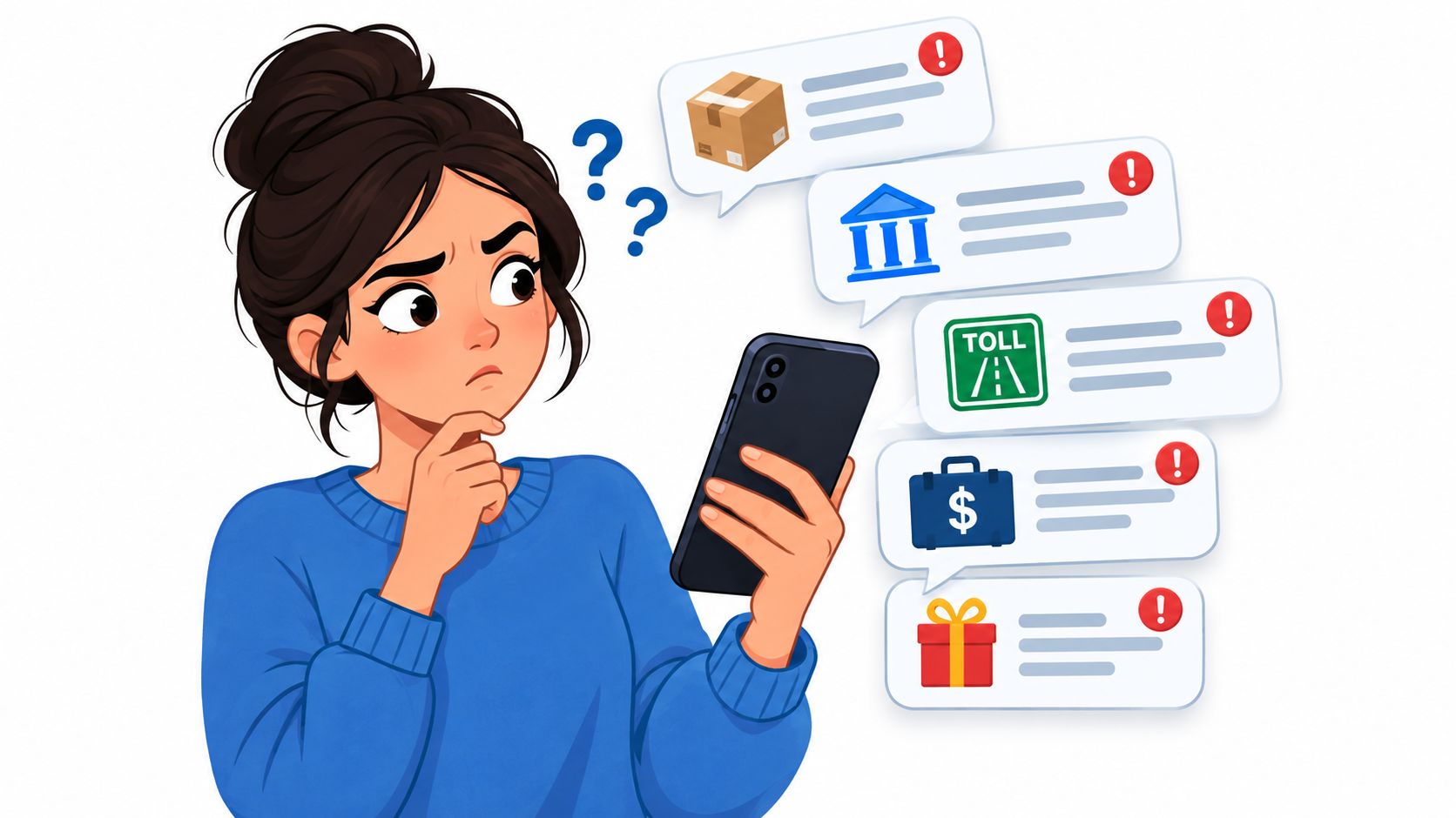 A confused woman looking at her smartphone surrounded by various scam text message notifications and red warning icons.