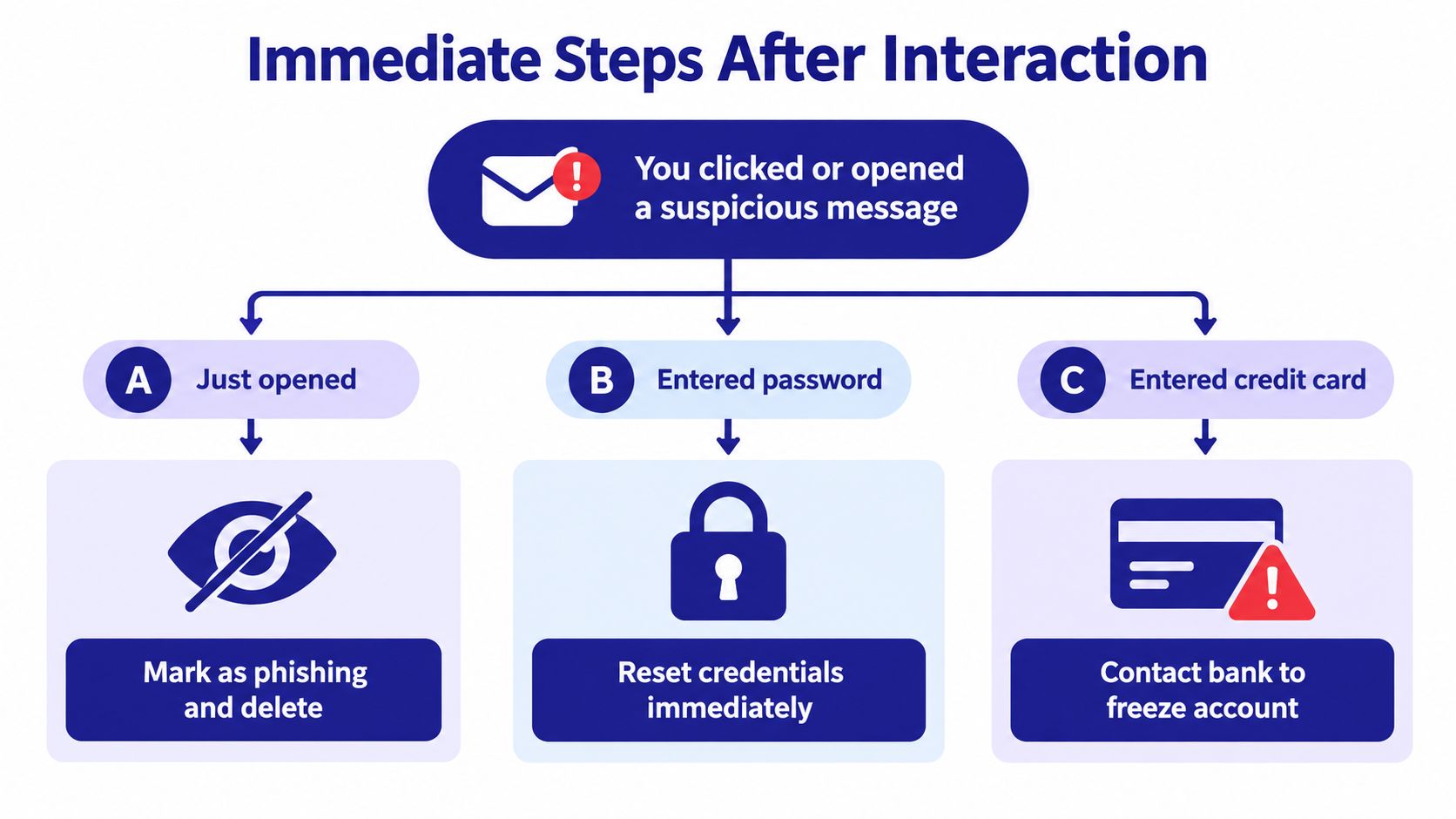 An infographic showing immediate steps to take after interacting with a suspicious phishing email or message.