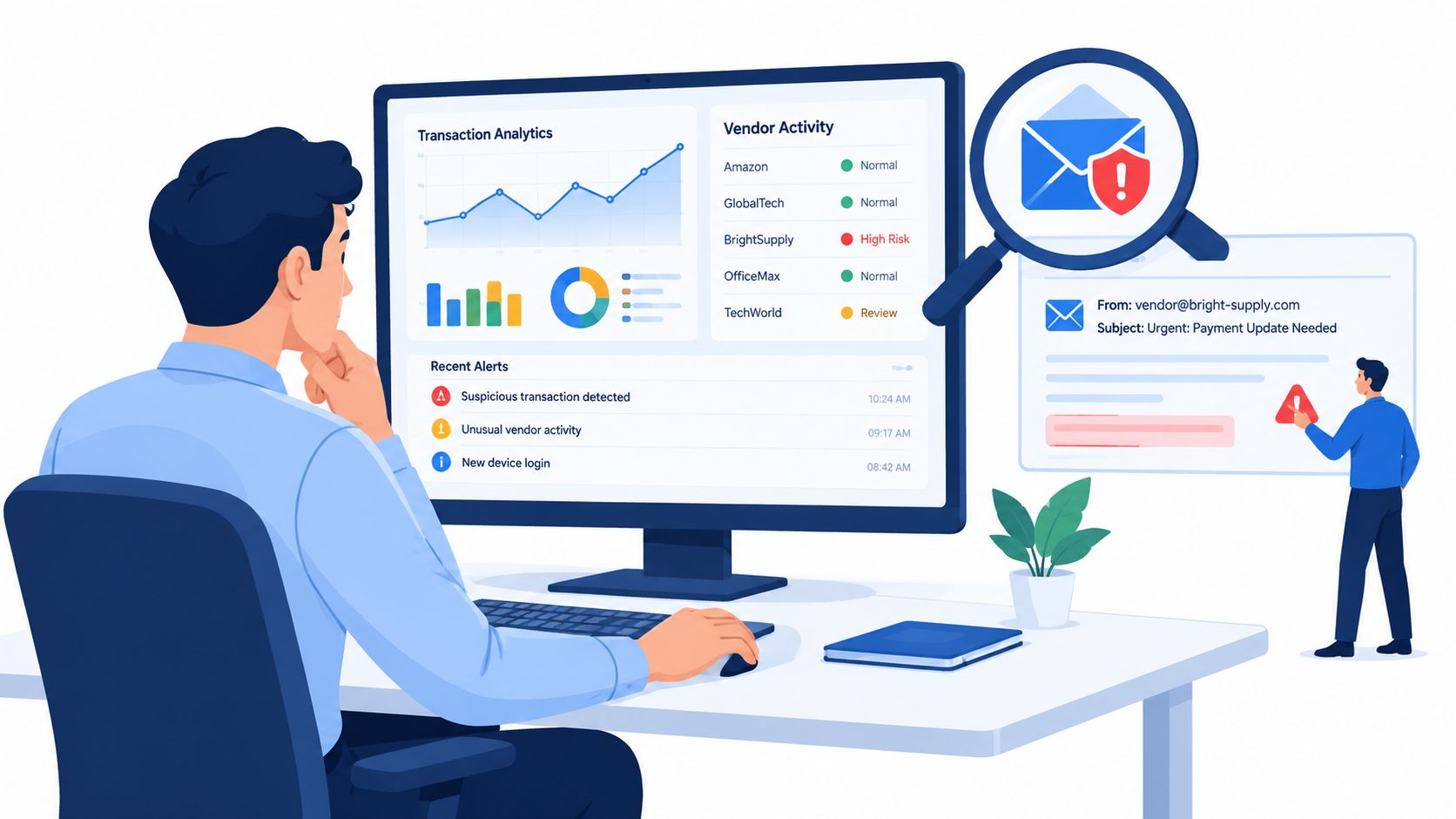 A professional analyzing digital vendor risk dashboards and identifying phishing emails for effective vendor fraud prevention strategies.