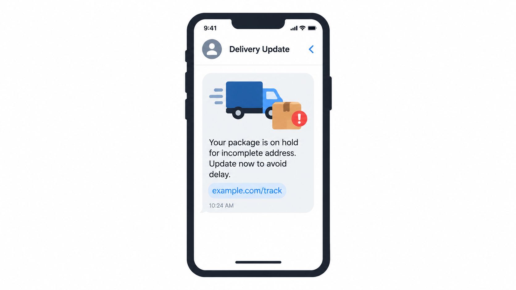 A smartphone screen displaying a suspicious delivery update text message containing a phishing link for package tracking.