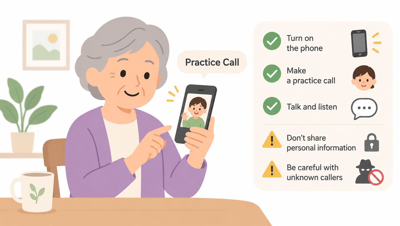 An elderly woman practicing a video call on her smartphone while following safety tips for phone usage.