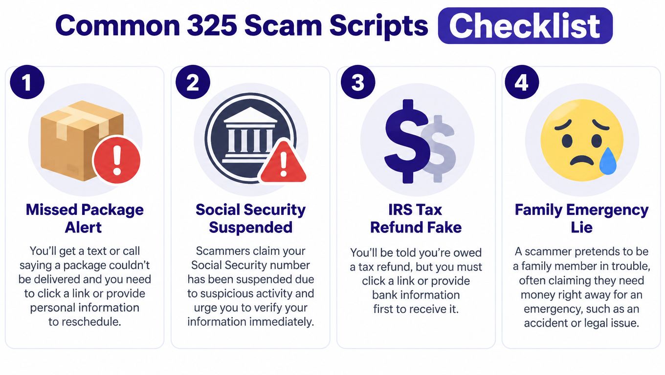 A checklist infographic detailing four common scam scripts including package delivery, social security, tax refunds, and family emergencies.