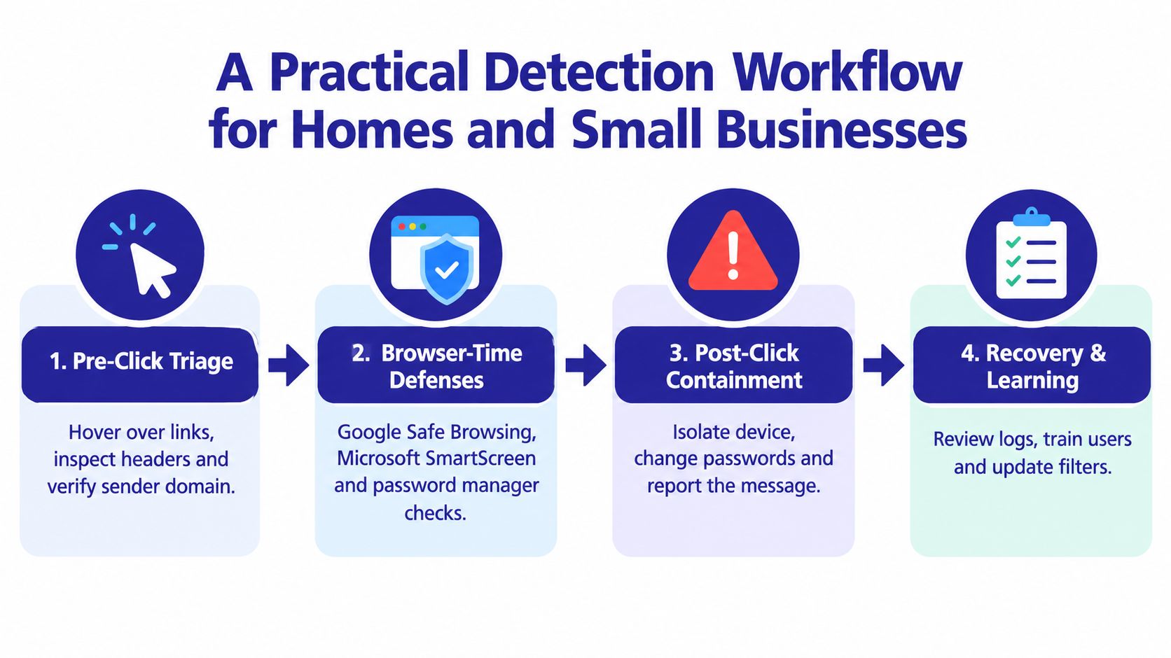 A four-step workflow chart outlining practical security measures for homes and small businesses to detect phishing emails.