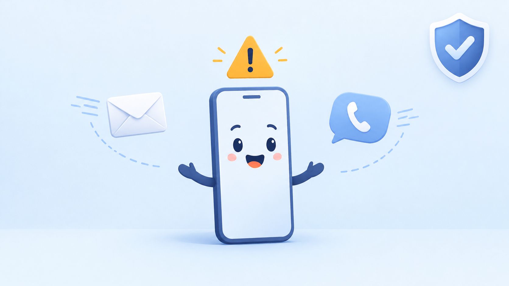 A 3D illustration of a friendly smartphone character with an alert icon, message, and phone call notification.