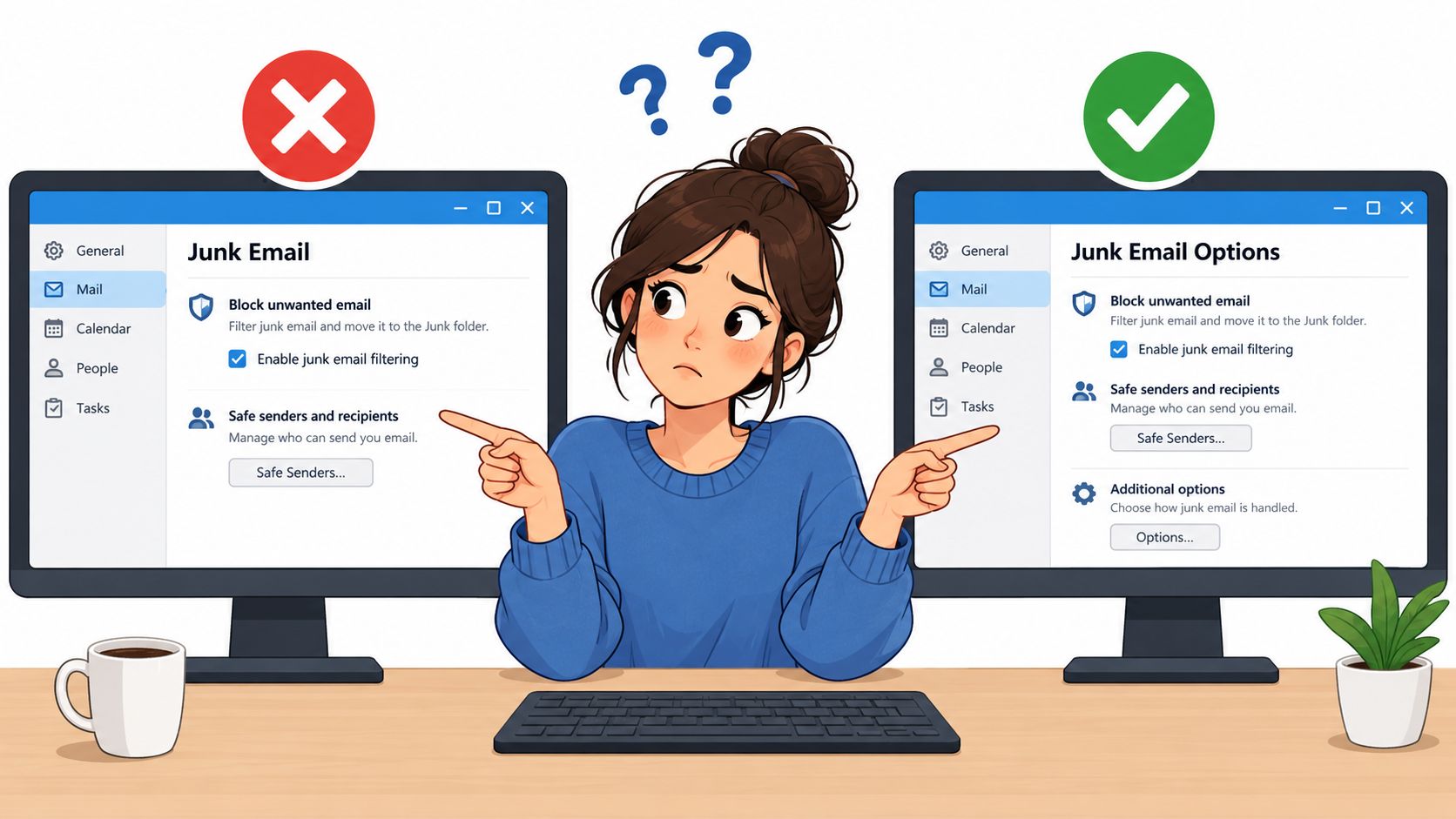 A confused woman comparing incorrect and correct junk email settings in an Outlook-style software interface.