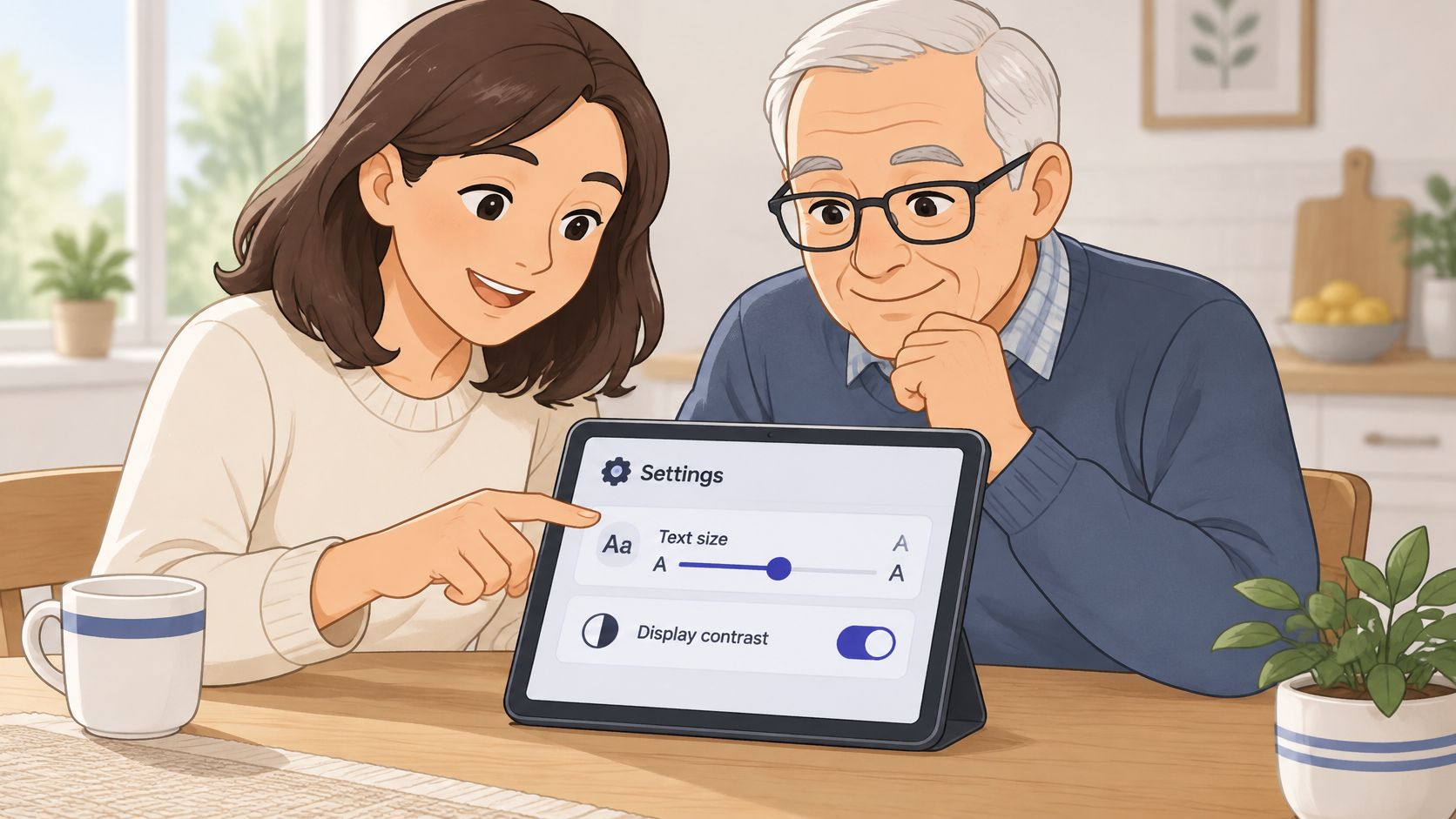 A young woman helping an elderly man adjust accessibility settings on a tablet computer in a kitchen.