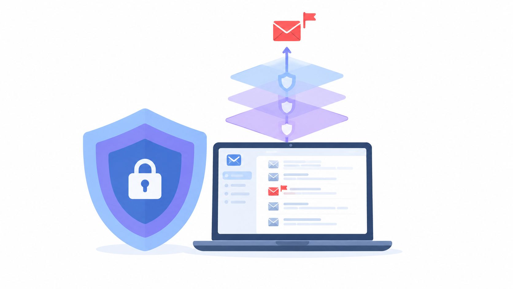 A digital graphic depicting a secure laptop with a shield icon and an email being reported as phishing.