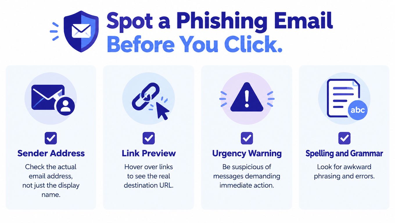 An infographic showing four key indicators to identify and protect yourself from phishing email attacks online.