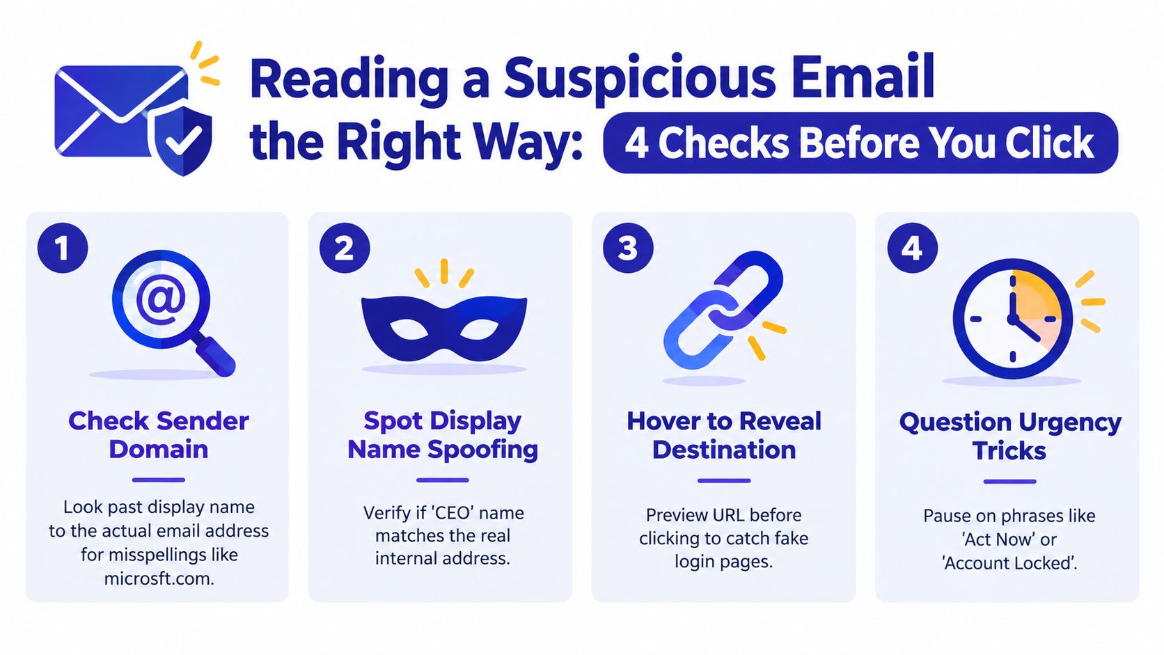 An infographic titled Reading a Suspicious Email the Right Way, illustrating four essential checks to identify phishing scams.