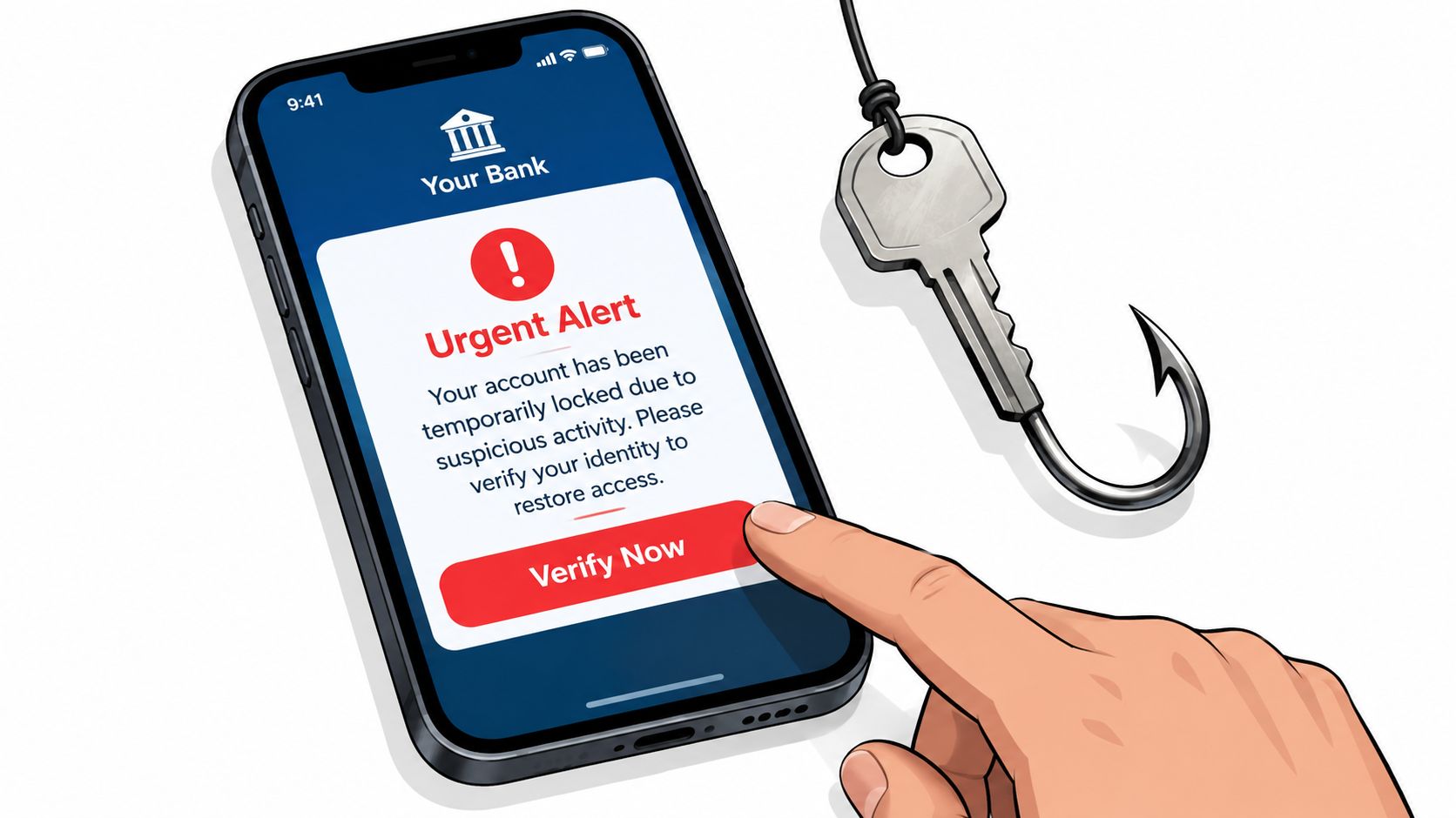 A hand touches a smartphone screen displaying a fake urgent bank alert, illustrating a digital phishing attempt.