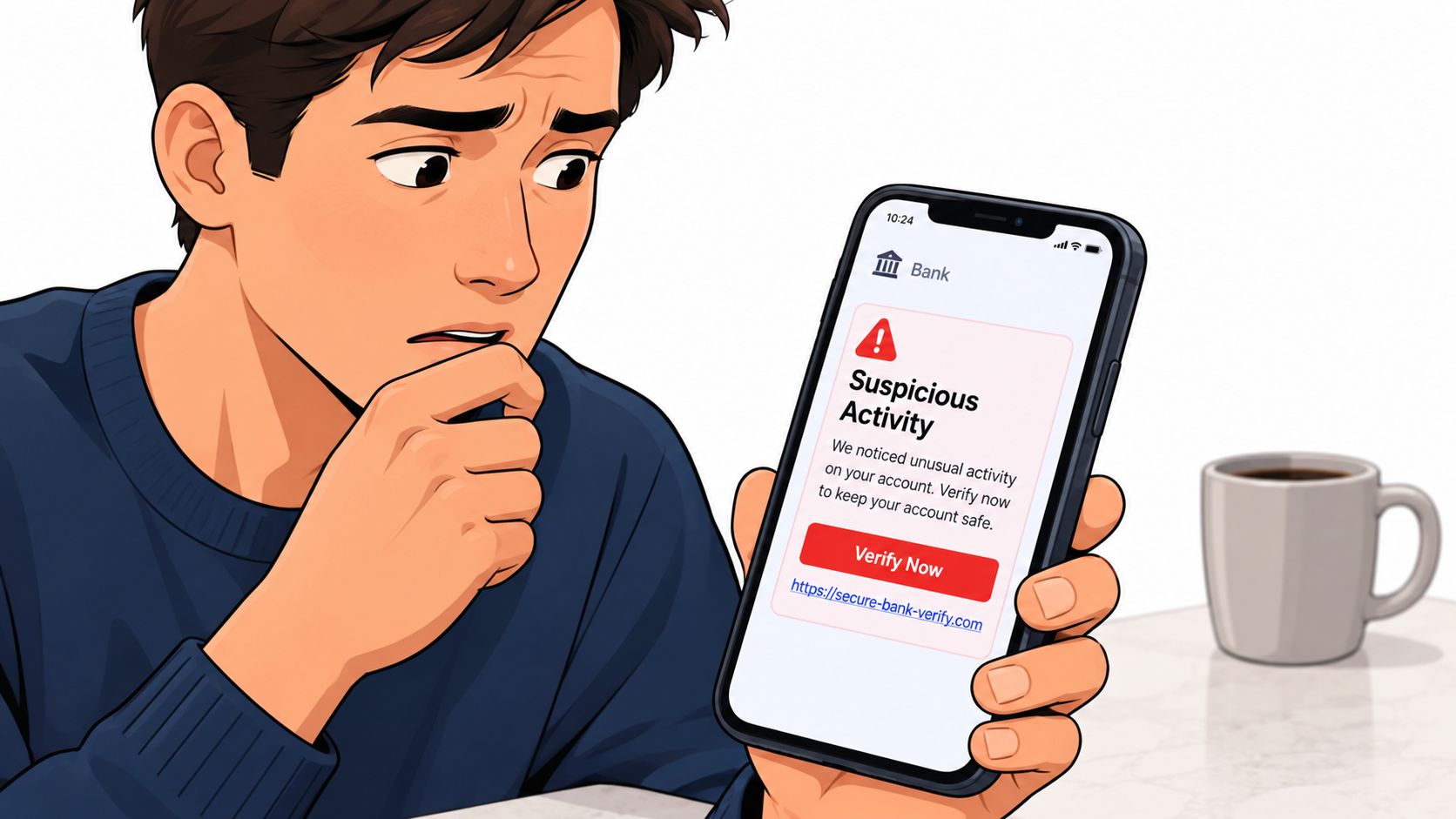 A concerned young man looking at a smartphone displaying a fake bank security alert phishing message.