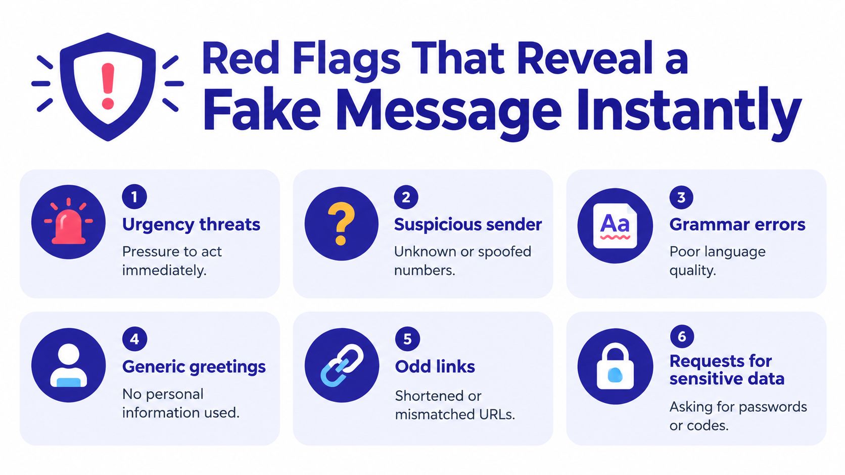 An infographic titled Red Flags That Reveal a Fake Message Instantly listing six common phishing message warning signs.