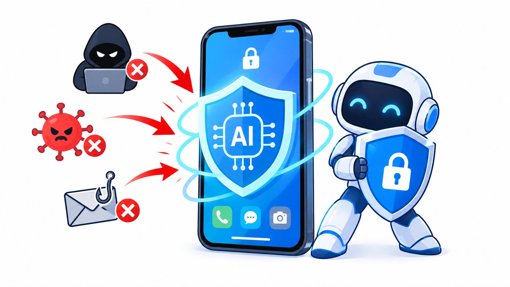 A friendly robot uses a shield to protect a smartphone from cyber threats like hackers and malware.