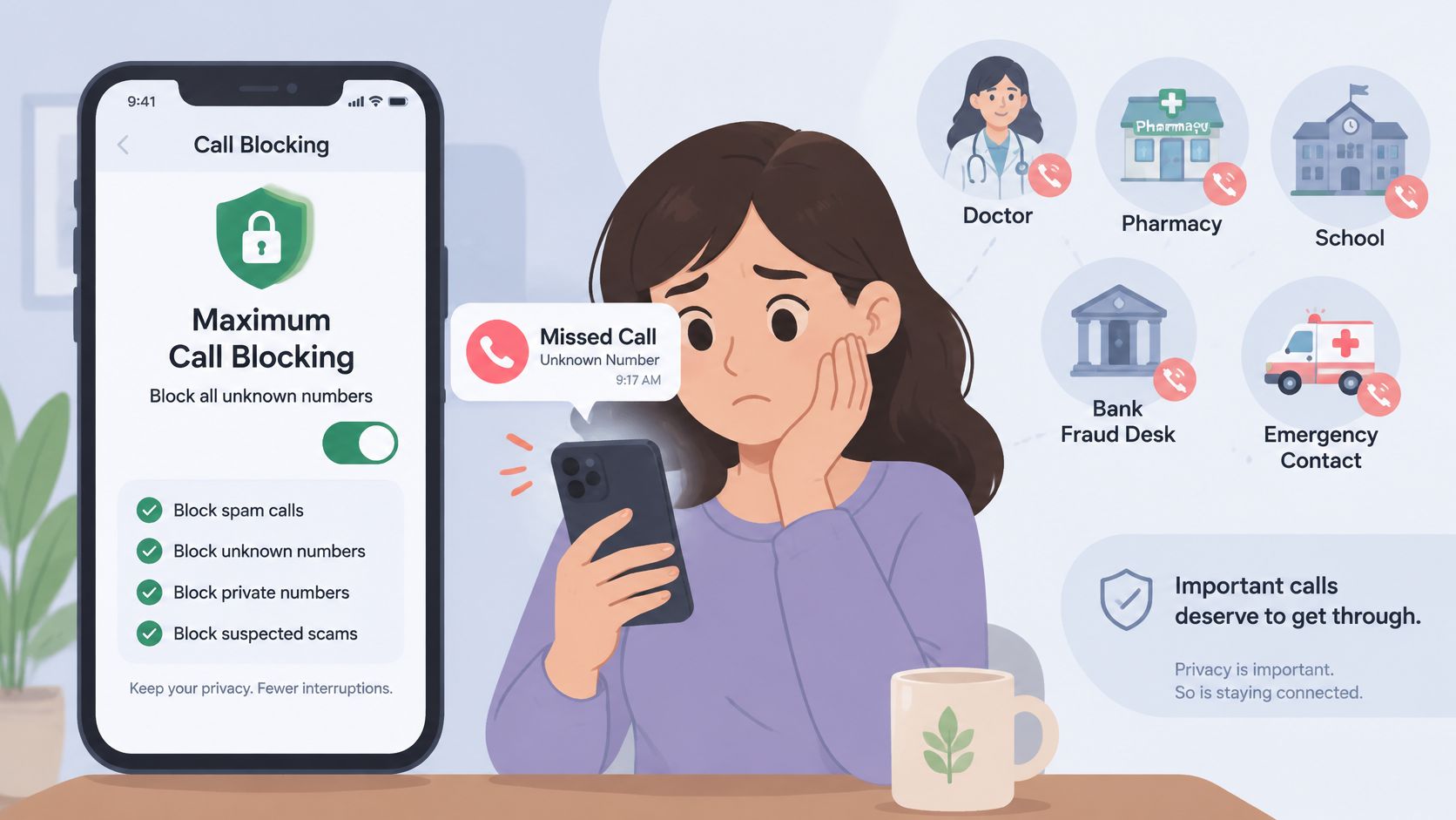 A worried woman holding a smartphone showing a blocked call notification with important contacts circled in the background.