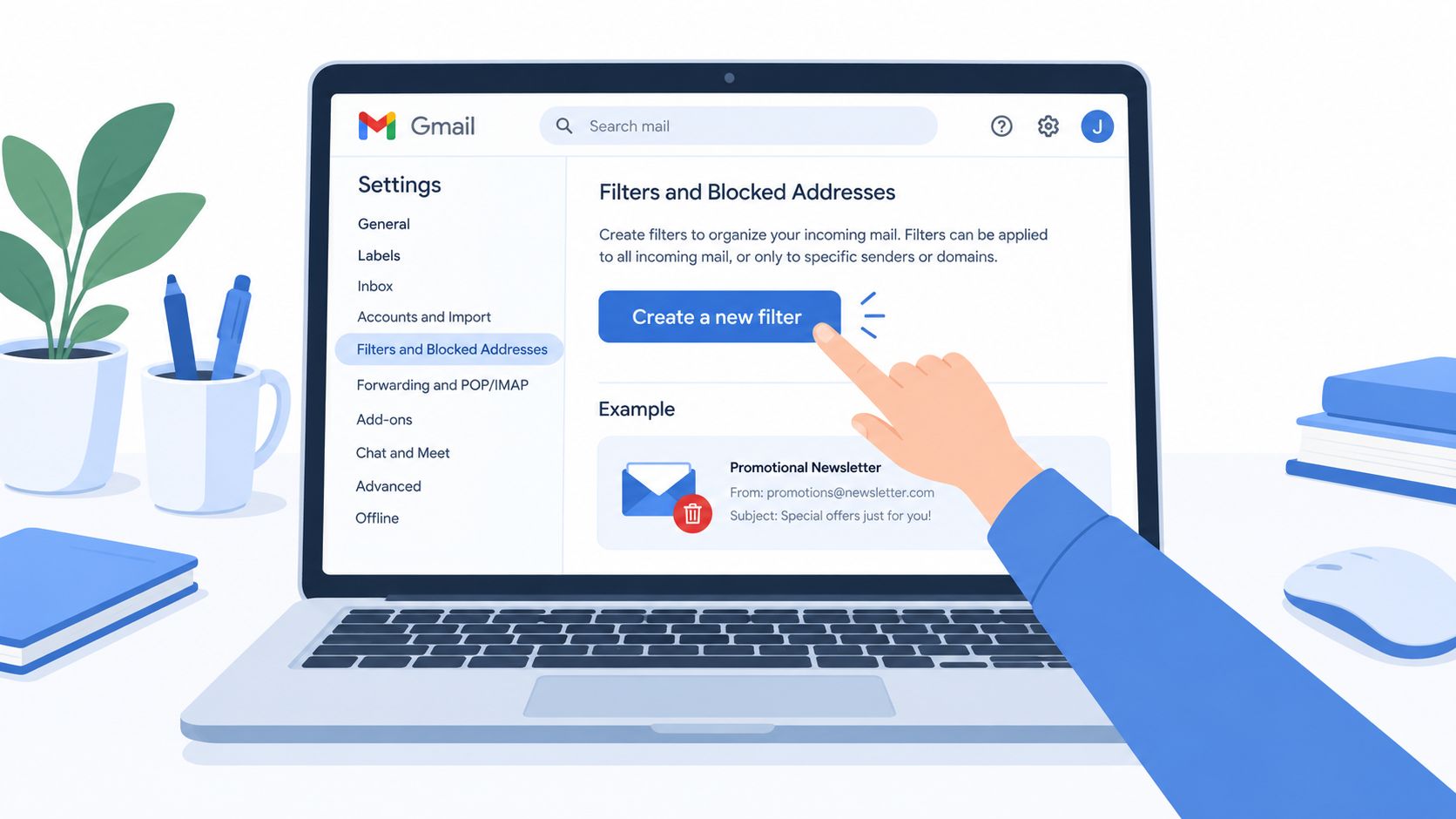 An illustration of a person creating a Gmail filter on a laptop to automatically delete spam emails.