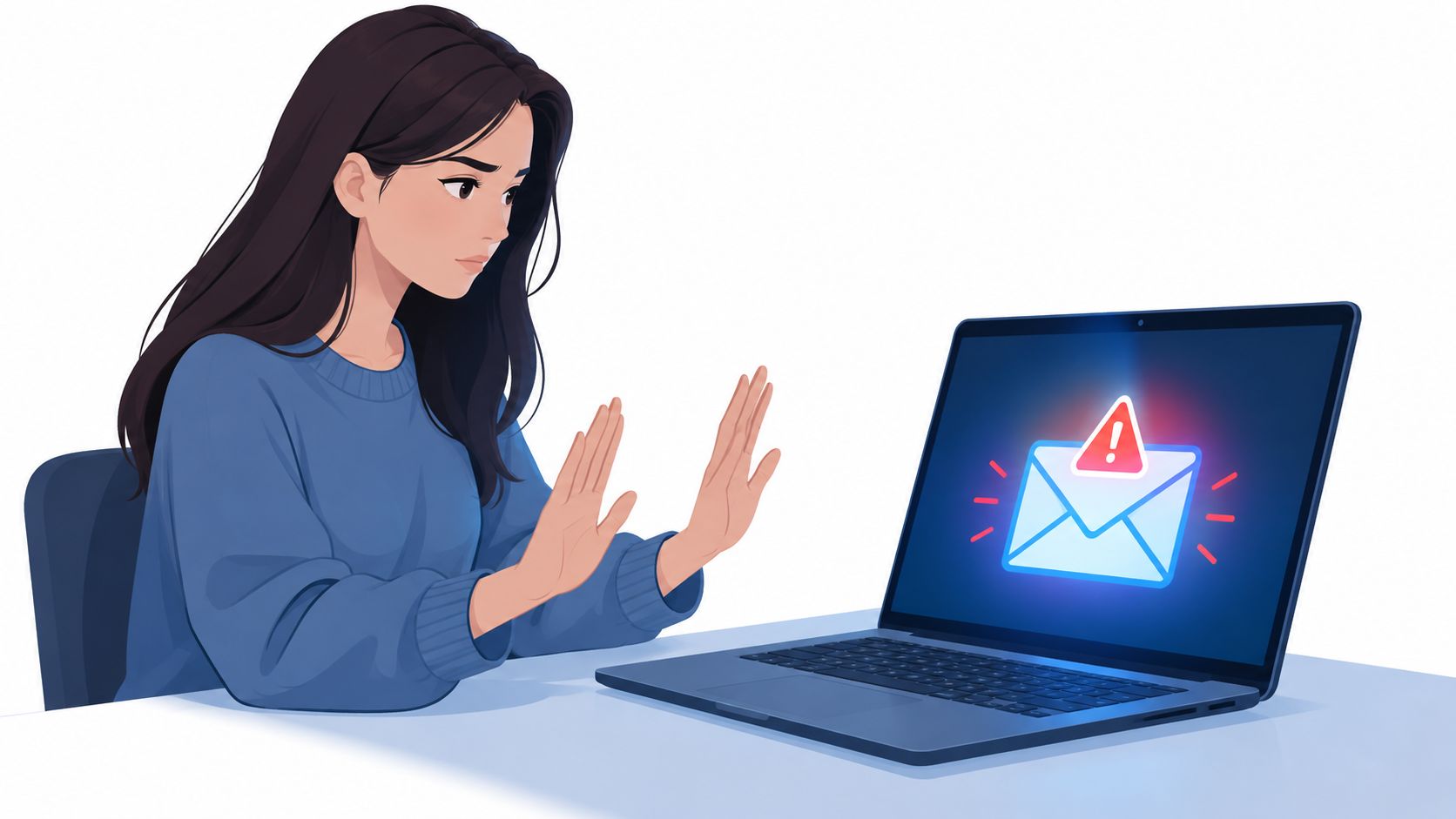 A young woman looking concerned while holding her hands up to reject a phishing email on laptop