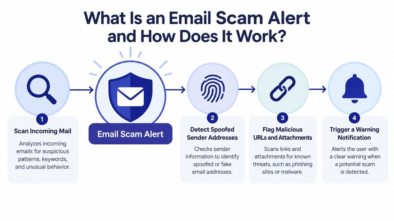 A four-step infographic illustrating how email scam alert software protects users by scanning and flagging malicious emails.