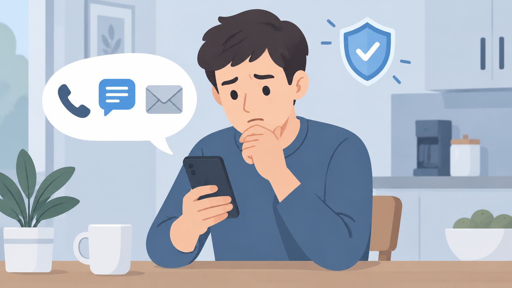 A worried young man looking at his smartphone, contemplating phone call, text, and email communication icons.