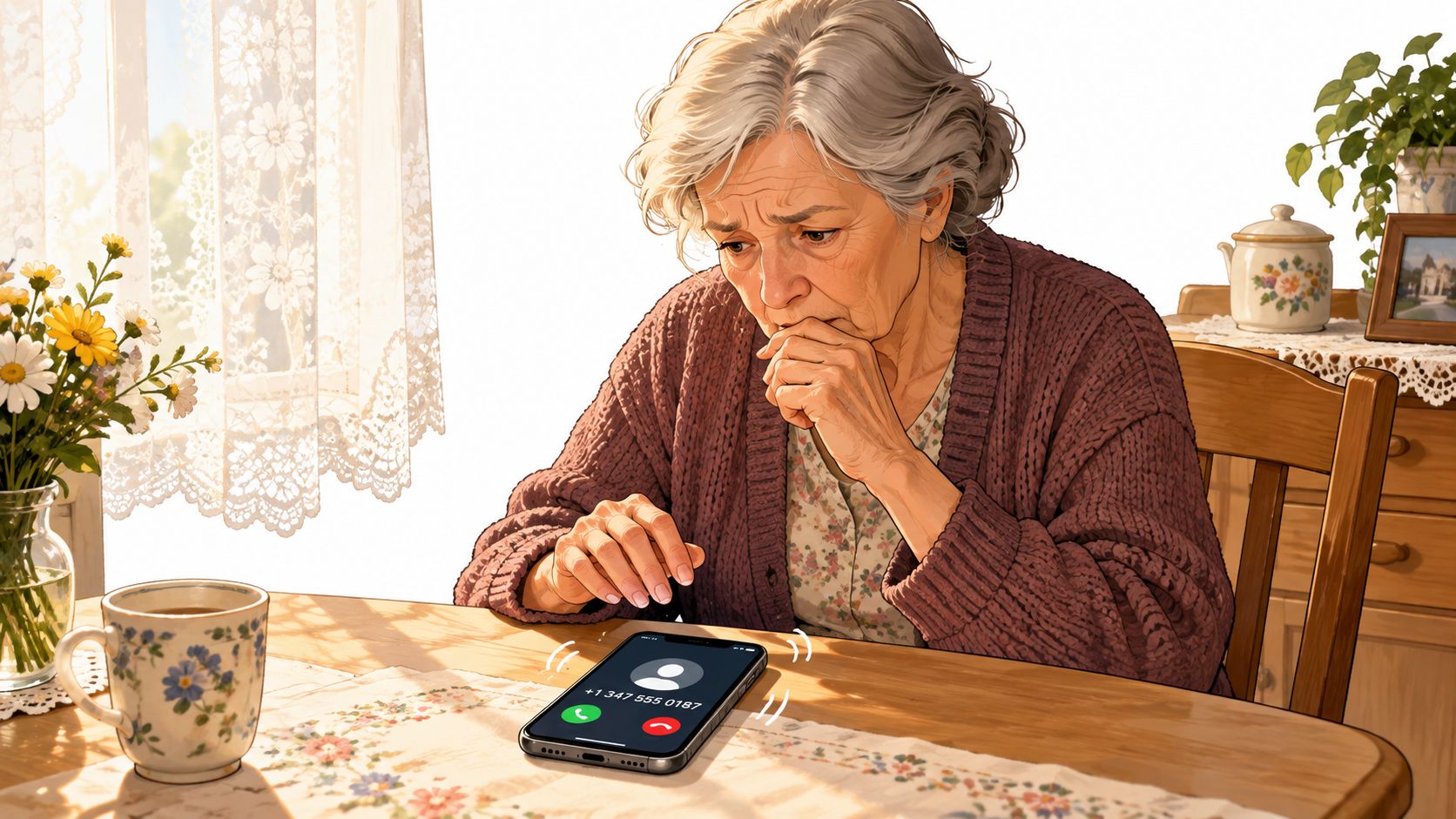 An elderly woman looks distressed while sitting at a table with a ringing smartphone.