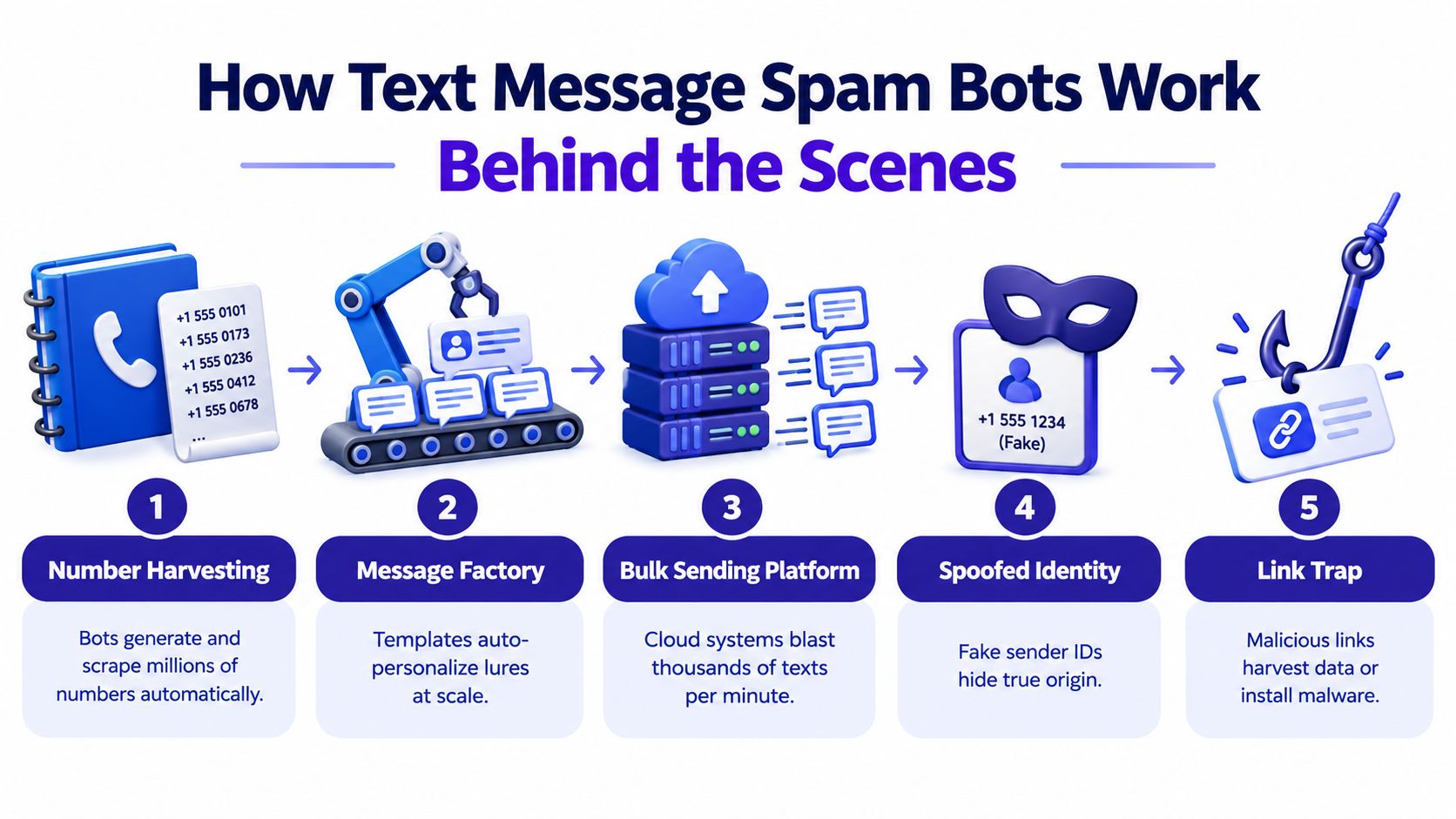 An infographic showing the five steps of how text message spam bots operate behind the scenes.