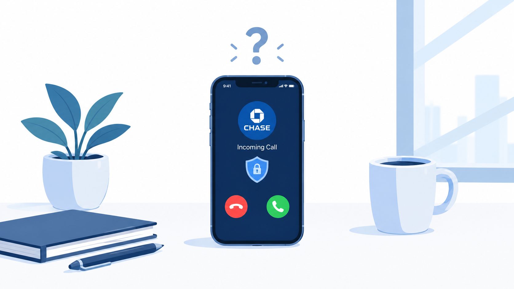 A digital illustration of a smartphone screen showing an incoming scam call from Chase bank.