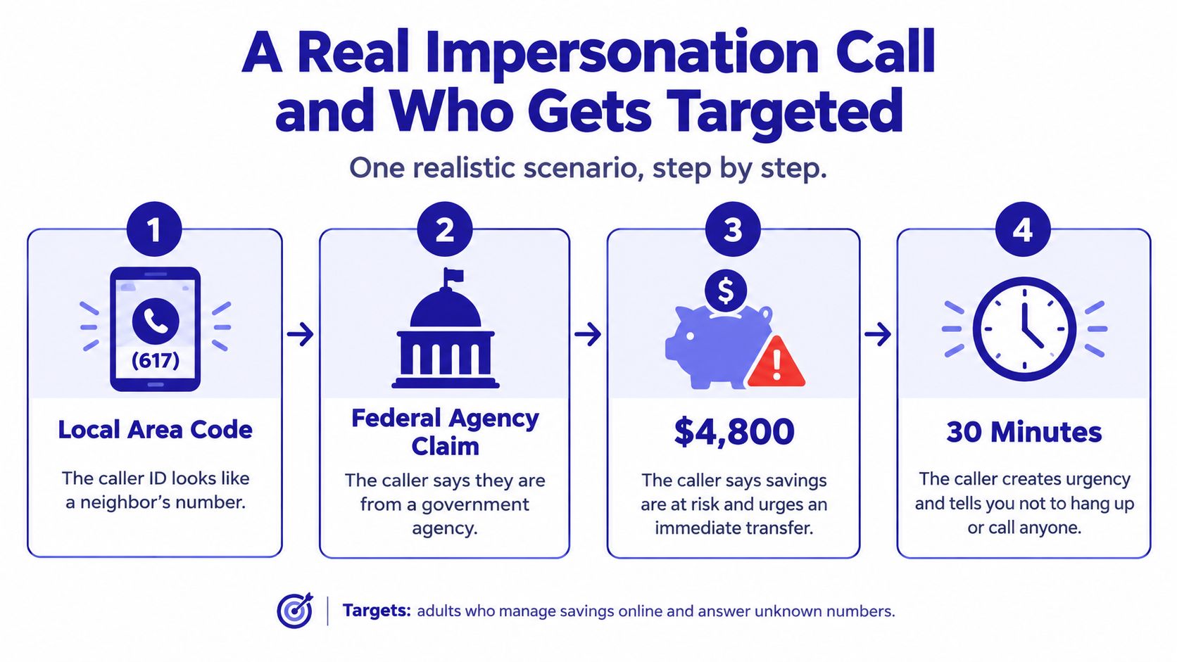 A four-step infographic illustrating how scammers use impersonation calls to trick people into transferring money.