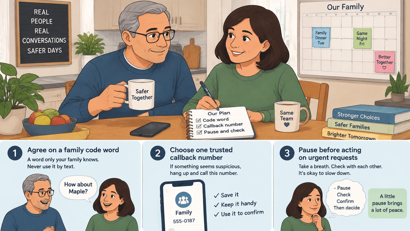 A couple sitting at a table planning safety strategies to protect their family from phone scams.