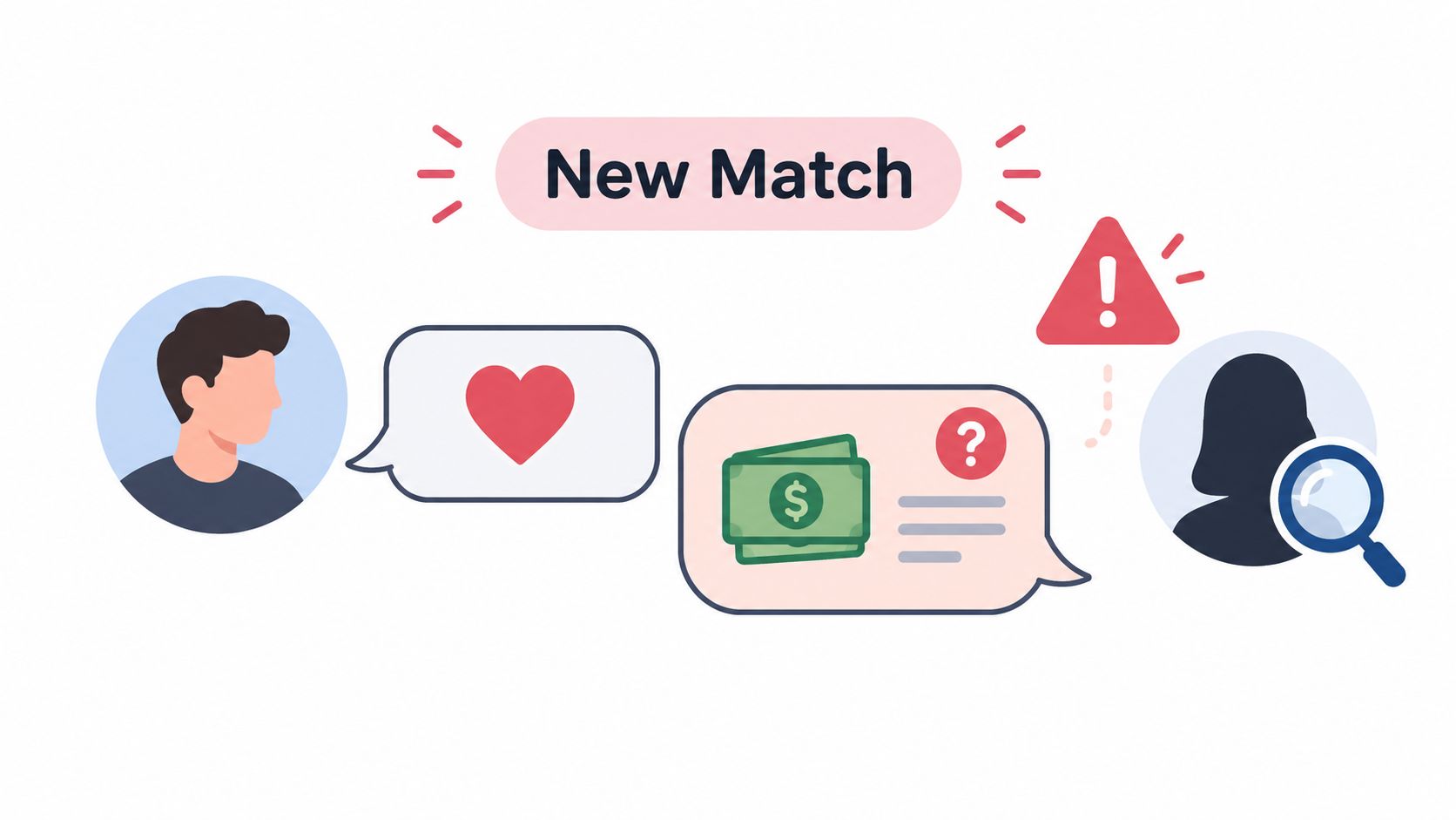A digital illustration showing a new dating app match with a scam warning alert and suspicious money request.