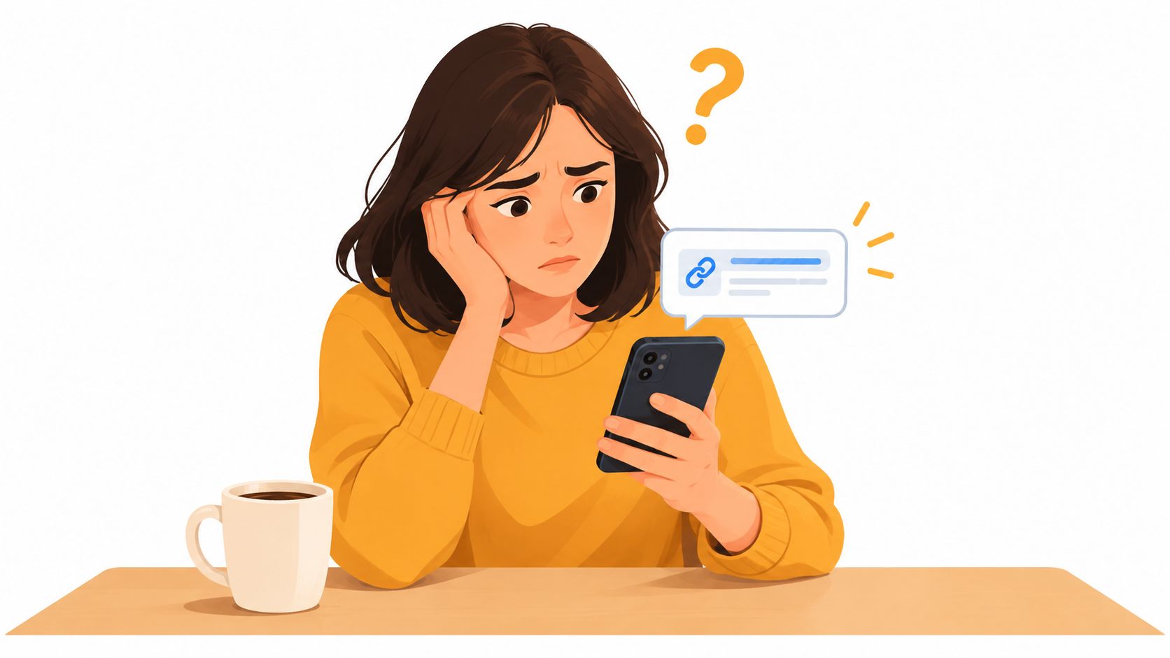 A concerned young woman looking at a suspicious link on her smartphone with a question mark above.