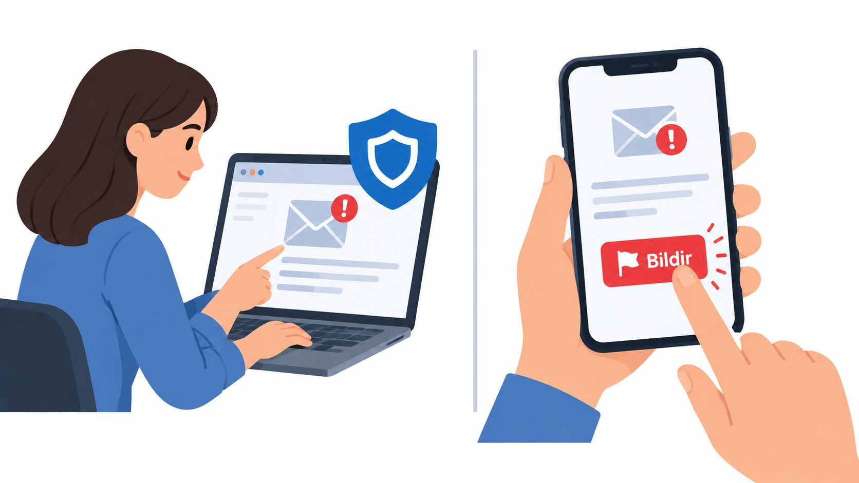 A woman using a laptop and a hand using a smartphone to report suspicious spam emails.