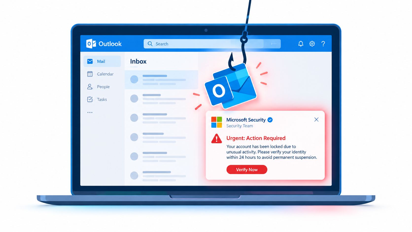 A digital illustration showing a phishing attack on a laptop screen featuring a fake Outlook security notification.