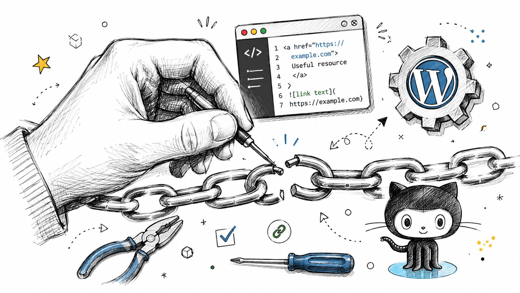 A hand using a pen to repair a broken metal chain next to WordPress and GitHub logos.