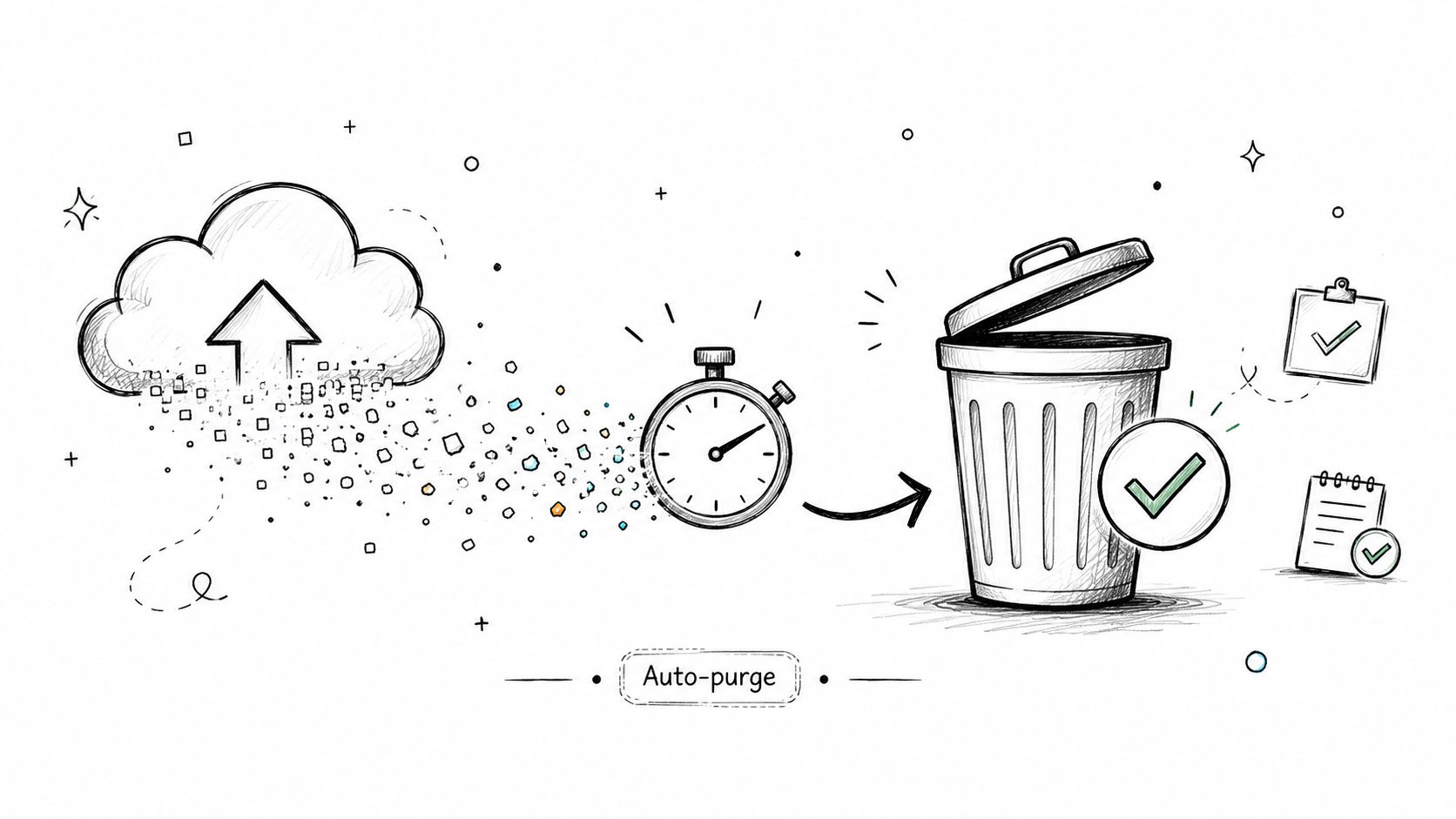 A hand-drawn illustration showing data being purged from a cloud into a trash can using a timer.