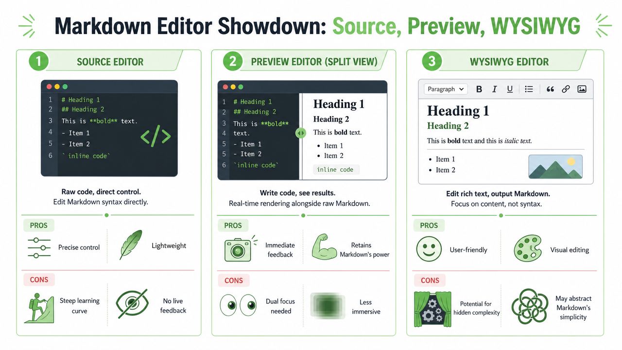 An infographic comparing source editor, split-view preview, and WYSIWYG editors for writing and rendering Markdown text.