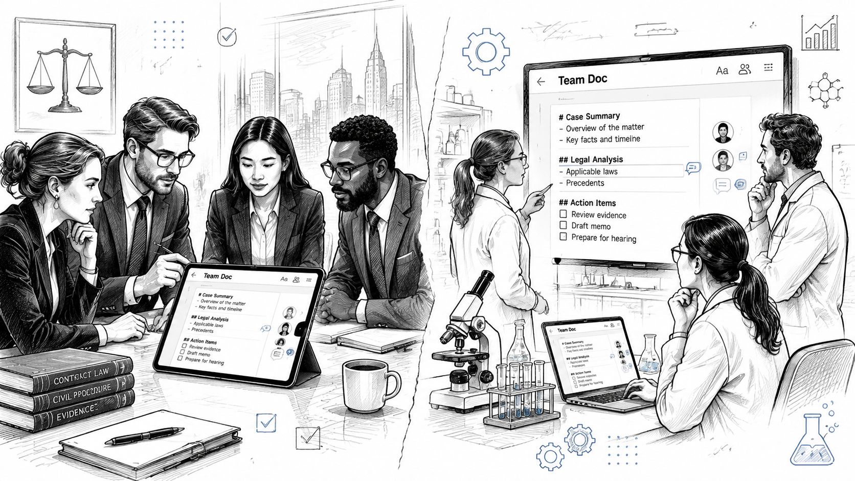 A split-screen illustration showing professionals in legal and scientific settings using a collaborative markdown editor software.