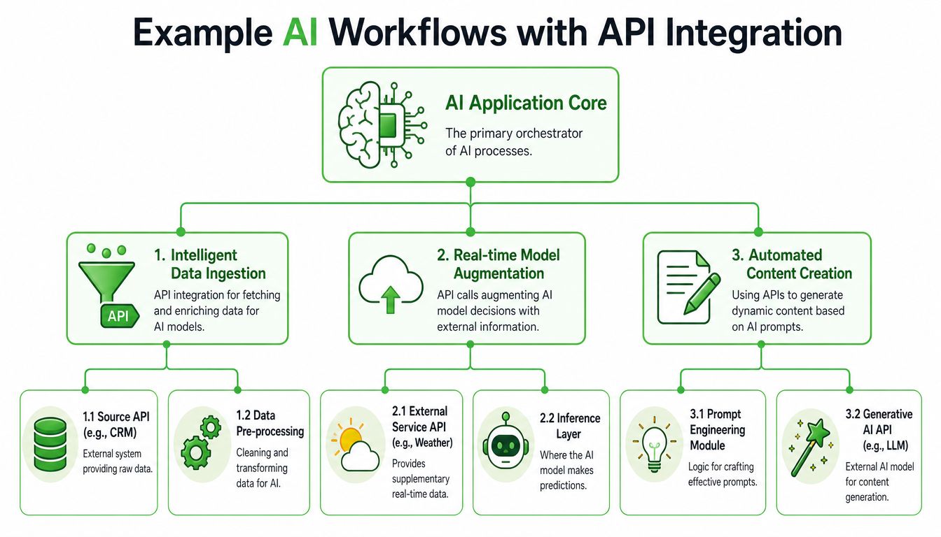 A diagram illustrating three main AI workflows, specifically detailing data ingestion, real-time augmentation, and automated content creation.