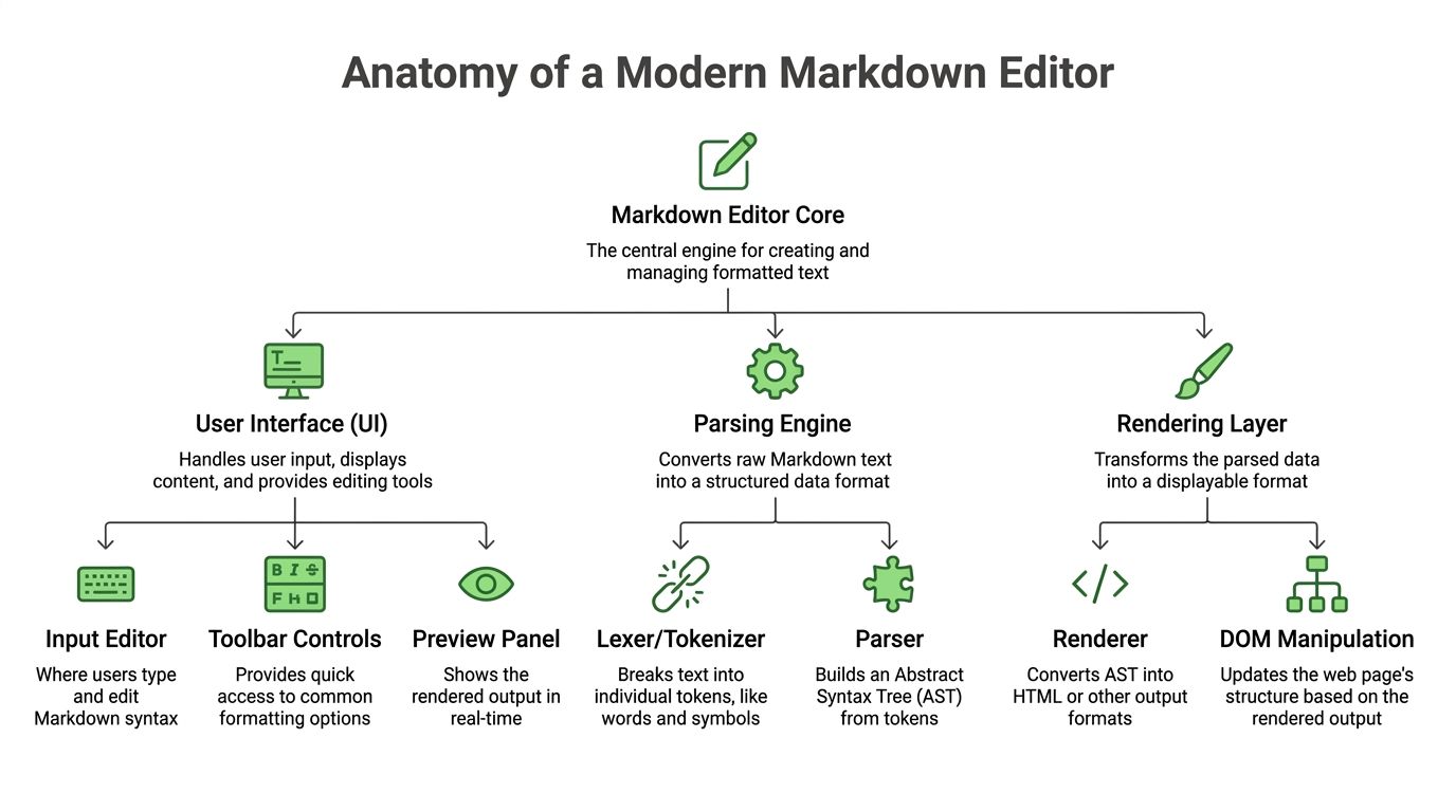 A diagram illustrating the architectural components of a modern markdown editor, including the UI, parsing, and rendering layers.