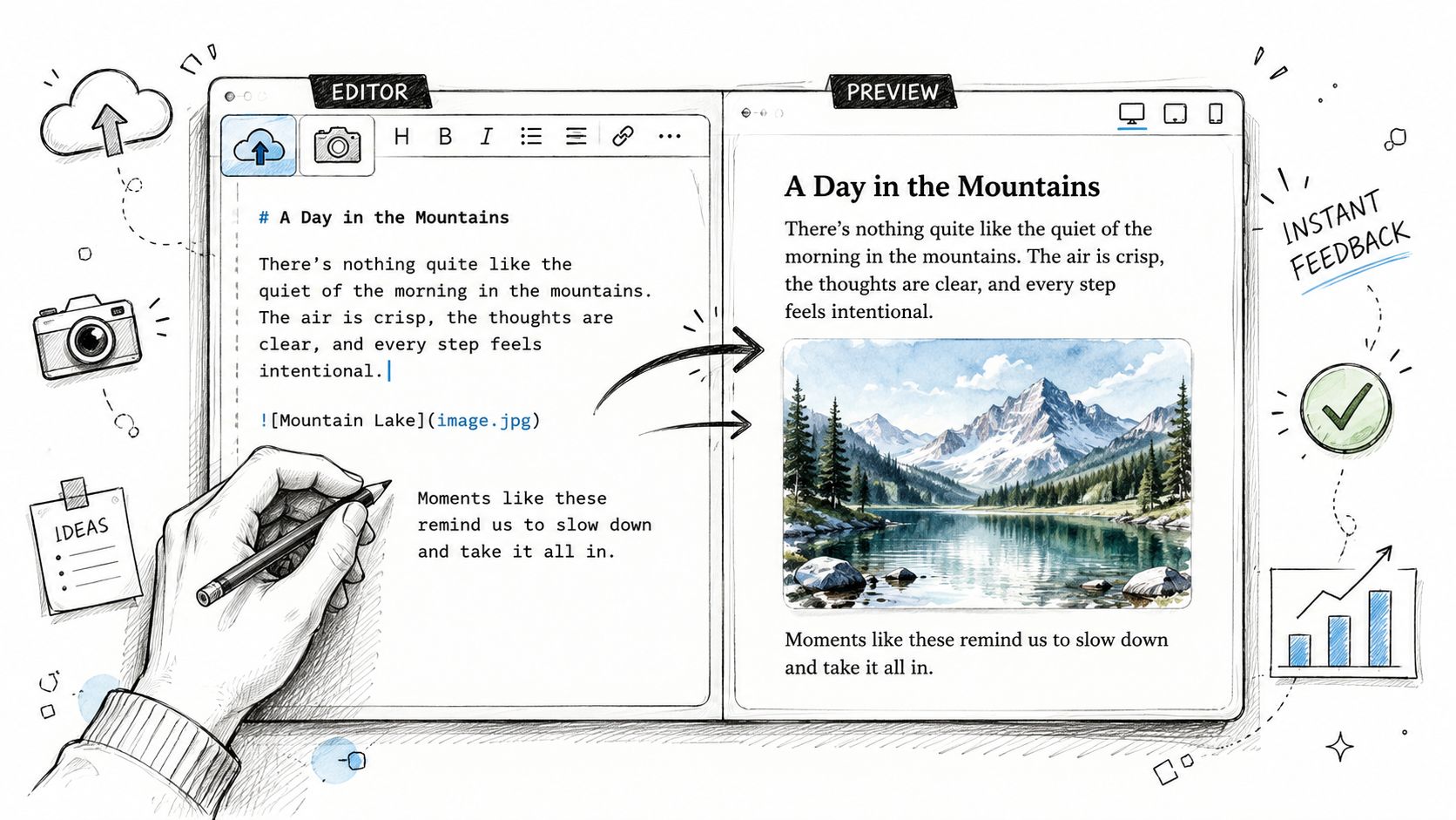 A hand drawing a markdown editor interface showing live preview of text and a mountain landscape image.
