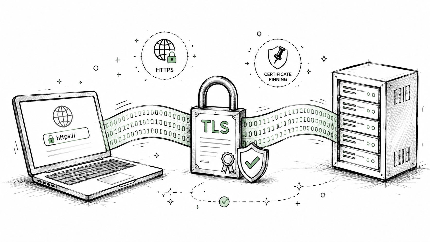 A digital illustration showing a laptop securely communicating with a server via TLS encryption and certificate pinning.