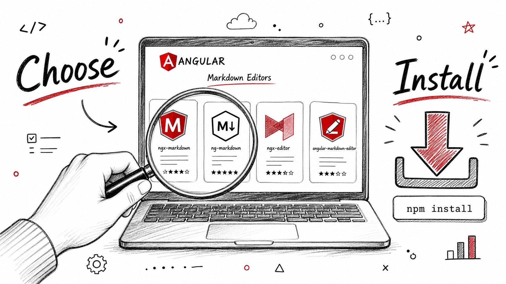 A hand using a magnifying glass to examine various Angular markdown editor options on a laptop screen.