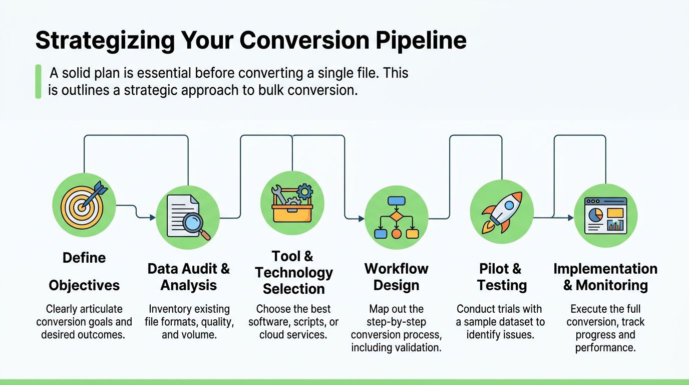 A strategic six-step workflow diagram outlining the planning process for efficient bulk file conversion projects.