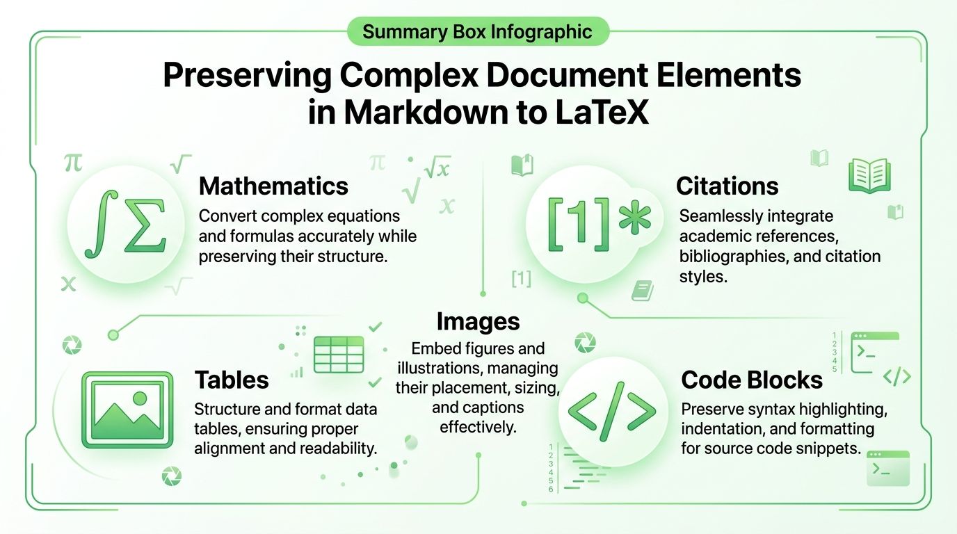 An infographic titled Preserving Complex Document Elements in Markdown to LaTeX highlighting math, citations, tables, and code.