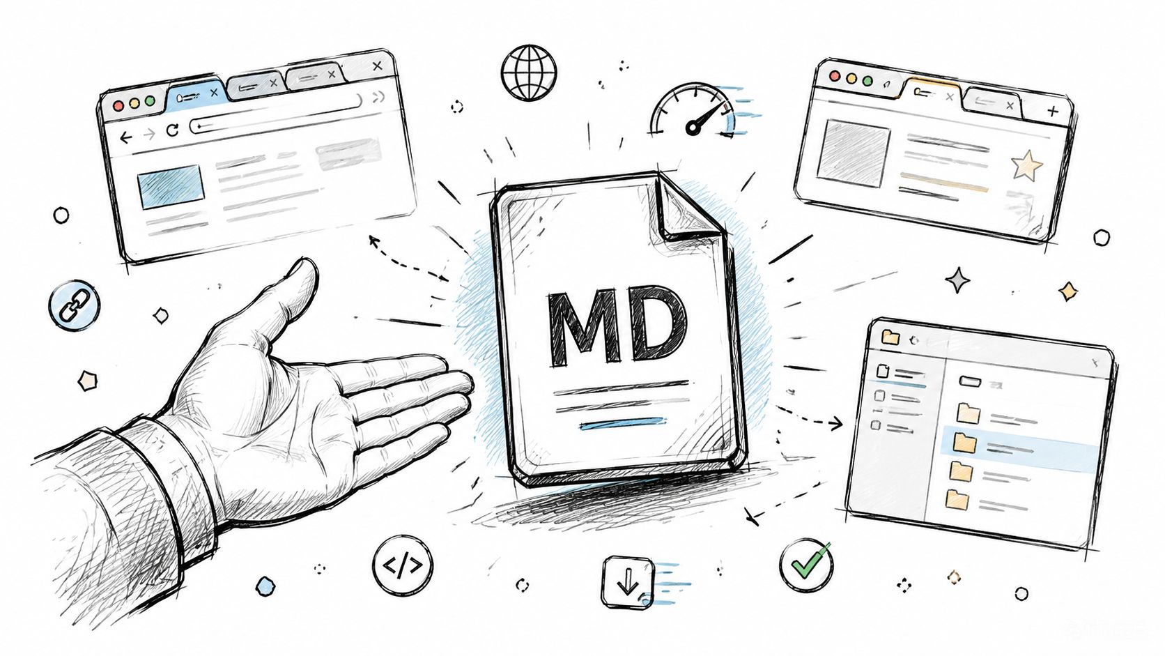 A hand presenting a markdown file icon surrounded by web browsers, file folders, and speed and code symbols.