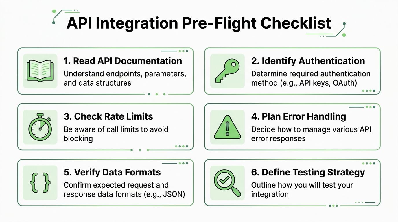 A visual guide illustrating a six-step API integration pre-flight checklist for developers to follow before starting.