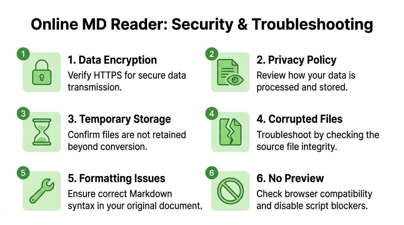 A guide infographic detailing security tips and common troubleshooting steps for using an online markdown file reader.