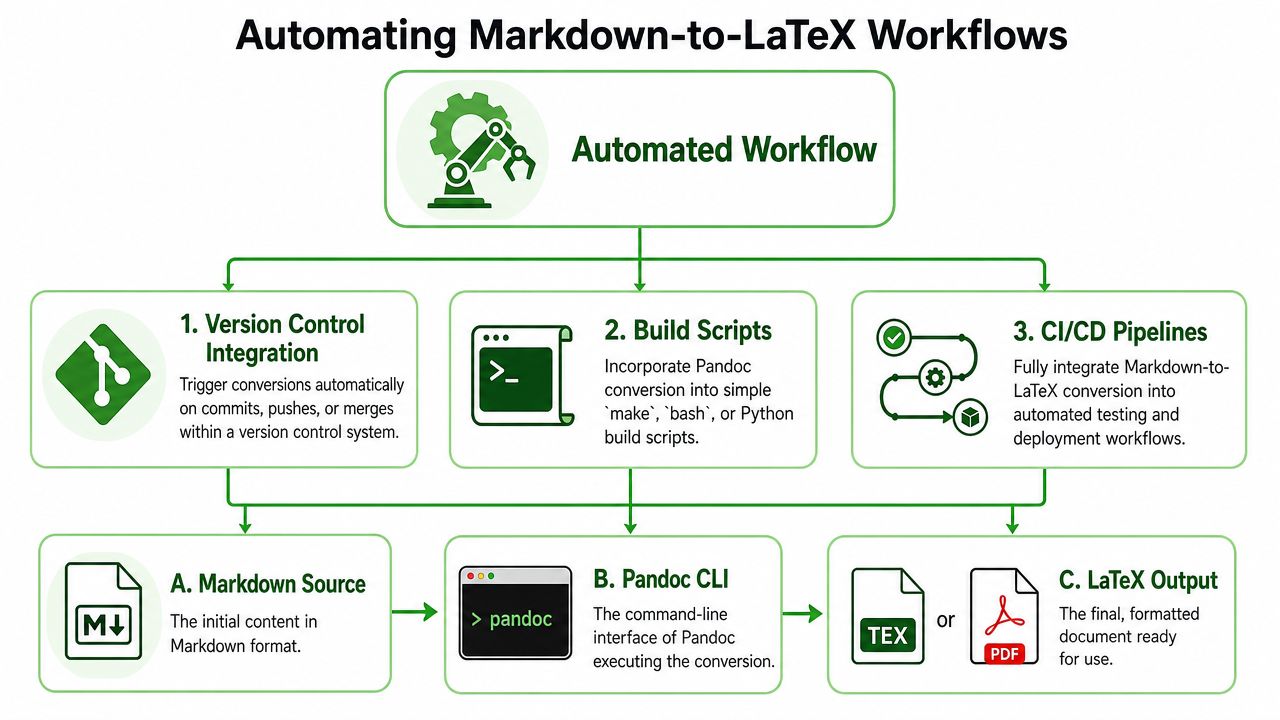 A diagram illustrating the automated workflow for converting Markdown documents to professional LaTeX formatted output.