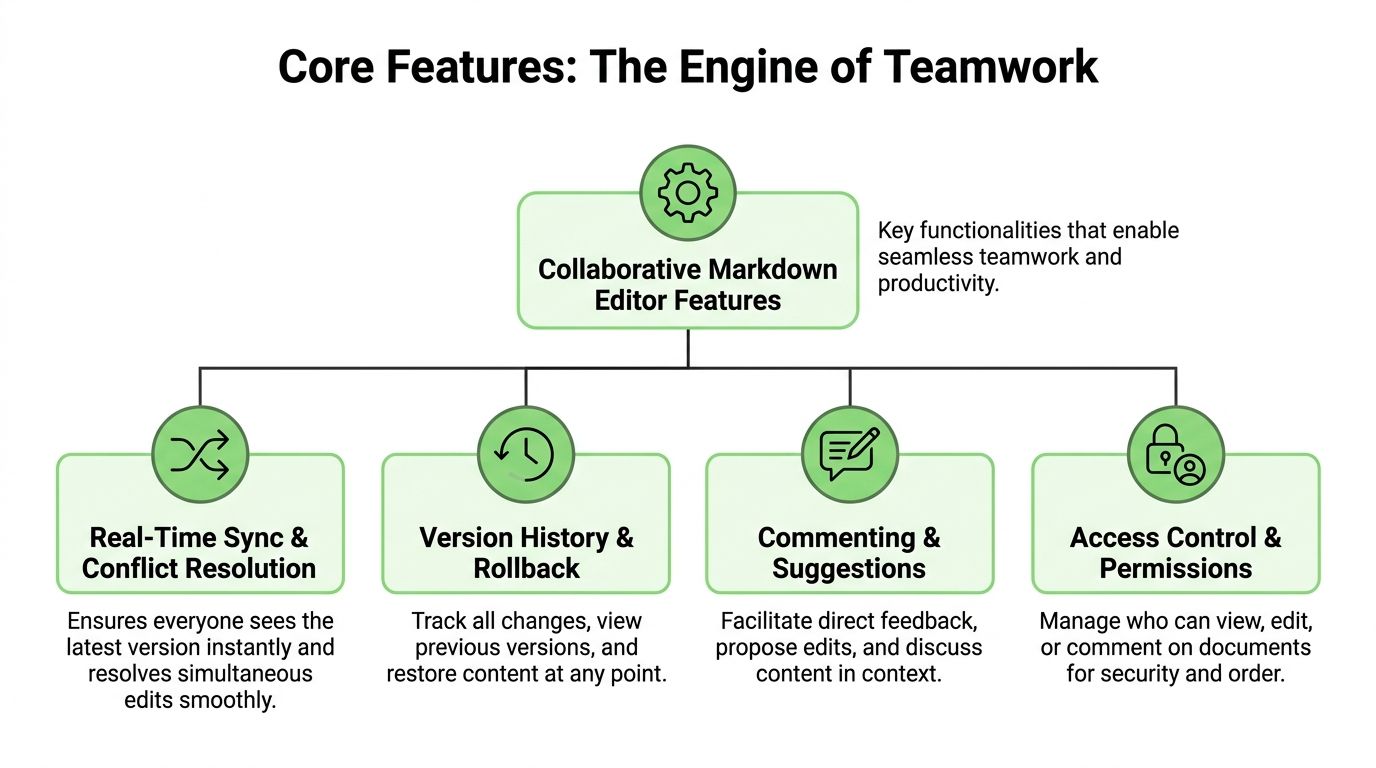 A diagram illustrating the four core features of a collaborative markdown editor including real-time sync, version history, comments, and permissions.